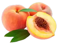 two peaches with green leaves on them and one cut in half