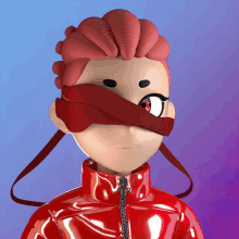 a cartoon character wearing a red jacket with a red mask on her eyes