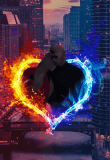 a man and woman are surrounded by fire and water in a heart shape