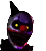 a close up of a clown 's face with glowing yellow eyes