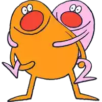 two cartoon characters are hugging each other and one has a red nose