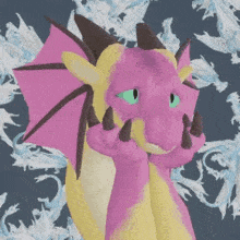 a pink and yellow dragon with green eyes is sitting in front of a pattern of dragons .