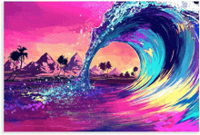 a colorful painting of a wave crashing on a beach