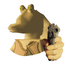 a person is holding a gun in front of a cartoon character