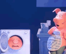 a cartoon pig is standing next to a washing machine with its door open