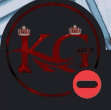 a black circle with red letters k and g and a red circle with a minus sign