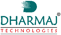 a logo for dharmaj technologies with a green d and red letters