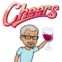 a cartoon man is holding a glass of wine in front of a cheers logo