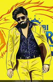 a man with a beard and sunglasses is wearing a yellow suit and a blue shirt .