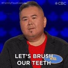 a man says let 's brush our teeth in front of a cbs logo