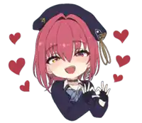 a drawing of a girl with pink hair wearing a beret and surrounded by hearts