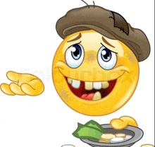 a cartoon smiley face wearing a hat is holding a plate of money