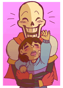 a drawing of a skeleton holding a child with a pink background