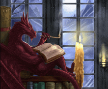 a painting of a red dragon reading a book and smoking a pipe