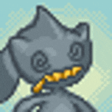 a pixel art of a gray cat with yellow teeth and a yellow bow tie .