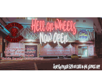 an advertisement for hell on wheels auto body shop in los santos