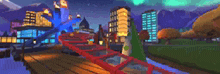 a blurred image of a city with a christmas tree in the foreground .