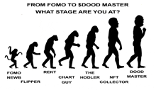 a graphic showing the evolution of a man from fomo to $ dood master