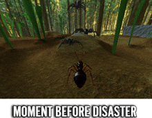 an advertisement for a video game shows ants and spiders in a forest and says moment before disaster