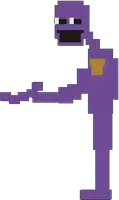 a pixel art of a purple man standing on a white background holding a gun .