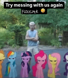 a man stands in front of a group of ponies with the caption try messing with us again floofzer