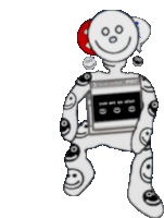 a cartoon character with smiley faces on his body is holding a box that says " you are an alien "