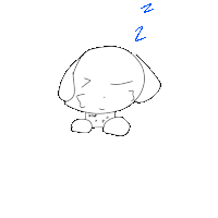 a black and white drawing of a dog sleeping with the letter n visible