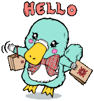 a cartoon of a duck holding shopping bags and the word hello above it