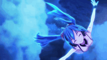 a girl with blue hair is flying through the air with her arms outstretched