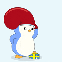 a penguin is wearing a santa hat and carrying a bag of presents