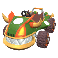 a green and orange toy car with horns and a steering wheel