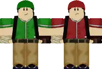 a green and a red roblox character with a sad face