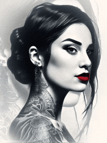 a woman with a tattoo on her neck has red lipstick on