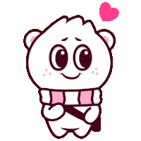 a cartoon drawing of a bear wearing a pink scarf with a heart above it