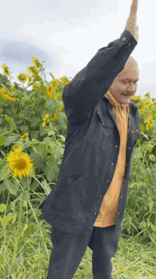 a man in a black jacket is standing in a field of sunflowers with his arms in the air .