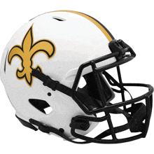 a white football helmet with a gold fleur de lis on the front