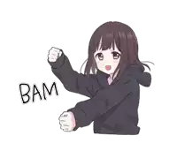 a girl in a black hoodie is making a fist and the word bam is written below her