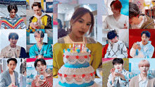 a collage of pictures of a girl blowing out a candle on a birthday cake surrounded by other people .