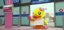 a stuffed yellow duck is standing in front of a sign that says do not exit