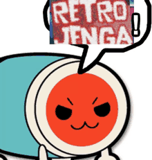 a cartoon character with a speech bubble above it that says retro jenga