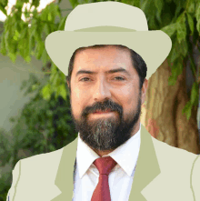 a man with a beard wearing a white hat and a red tie