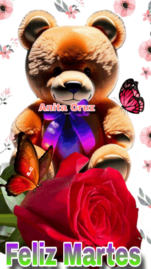 a teddy bear sitting next to a red rose with the words feliz martes on it