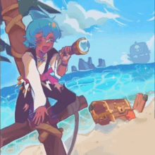 a cartoon drawing of a pirate looking through a telescope on a beach