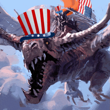 a painting of a dragon with an american flag on its head