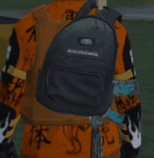 a person wearing an orange jacket and a black backpack with the word balenciaga on it