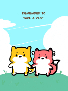 a cartoon of two foxes holding hands with the words remember to take a rest below them