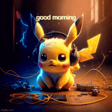 a pikachu wearing headphones is sitting on a table and says good morning