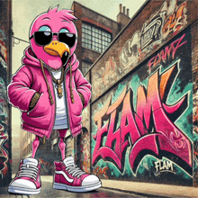 a flamingo standing in front of a graffiti wall with flam written on it