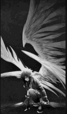 a black and white drawing of a person with wings