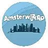 a blue circle with the word amsterdam on it and a city skyline in the background .